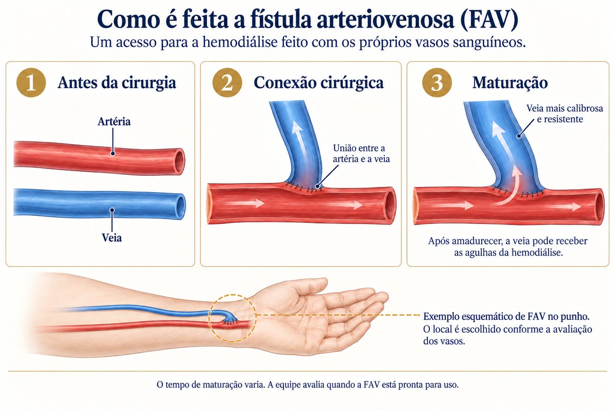Ilustração em três painéis de como é feita a fístula arteriovenosa: artéria e veia separadas antes da cirurgia; união cirúrgica entre a artéria e a veia; veia mais calibrosa e resistente após a maturação. Abaixo, esquema de uma fístula no punho.